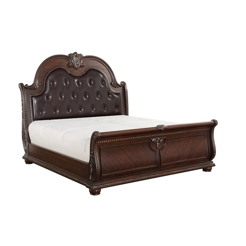 Traditional Dark Cherry Finish Finish Luxury Sleigh Bed Upholstered Headboard 1pc