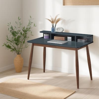 Home Office Writing Desk Wood Study Desk with Storage Shelf, Figure Display Table and Solid Wood Legs for Home, Office, Grey
