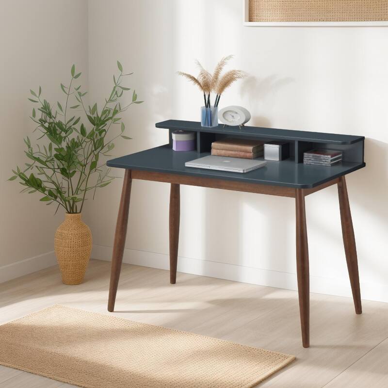 Home Office Writing Desk Wood Study Desk with Storage Shelf, Grey