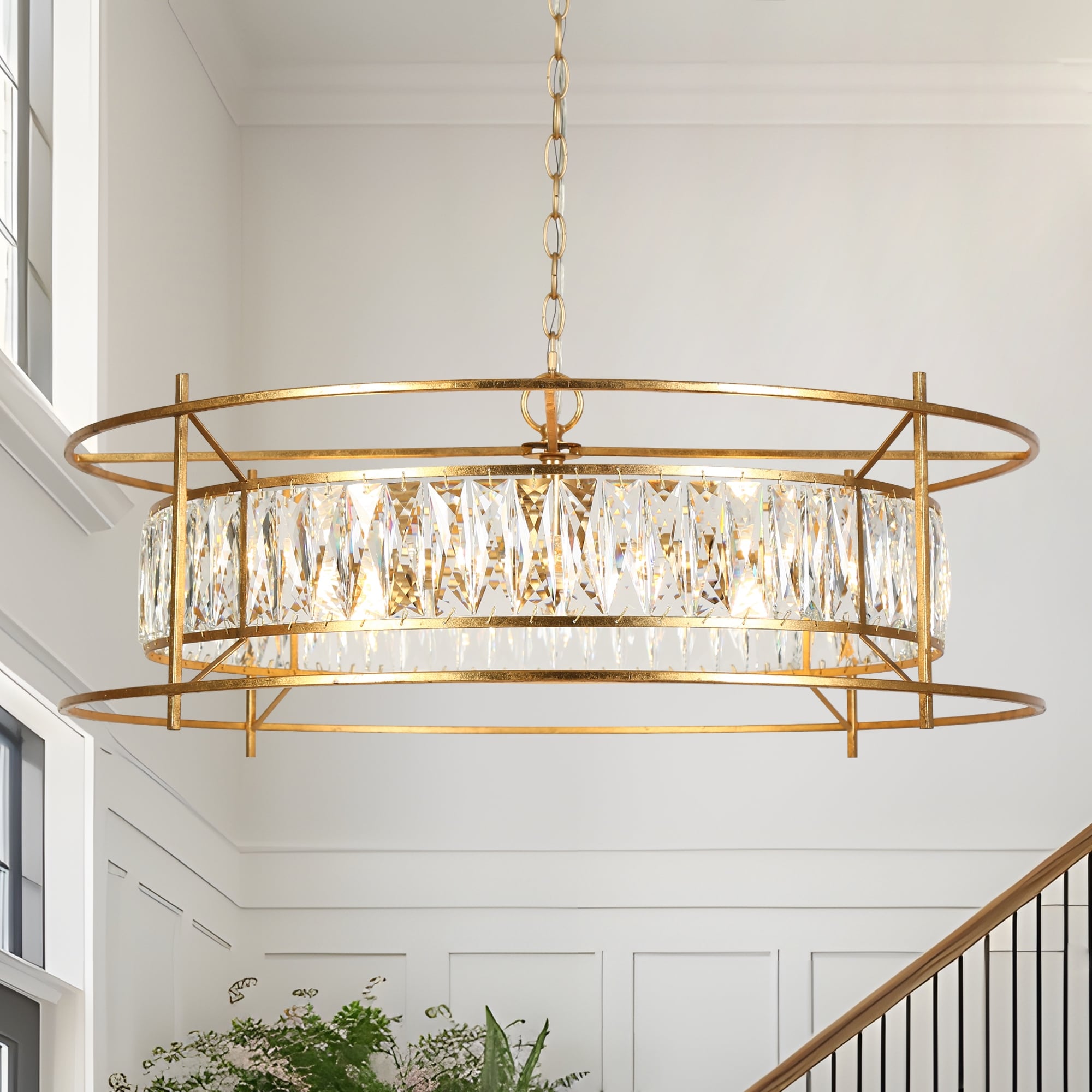 Modern Glam 6-Lights Crystal Chandelier Vintage Goldleaf Pendant Light Drum Kitchen Island Light for Dining Room