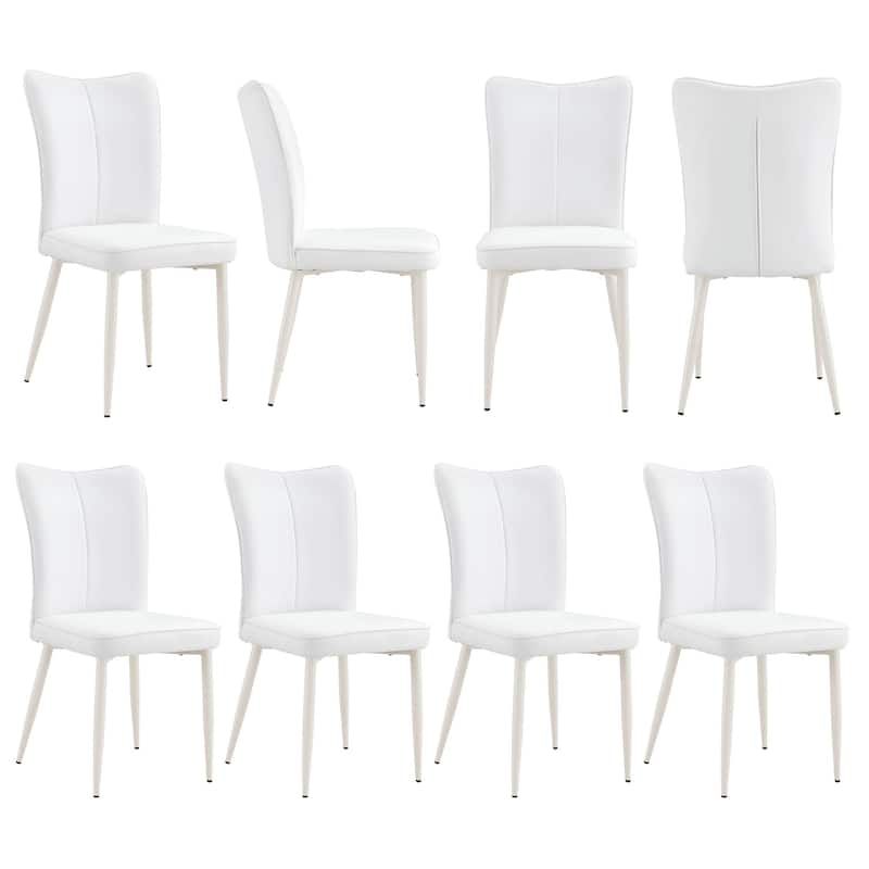 Minimalist White PU Leather Dining Chair Set of 2 w/ Curved Back & White Metal Chair Legs - White8