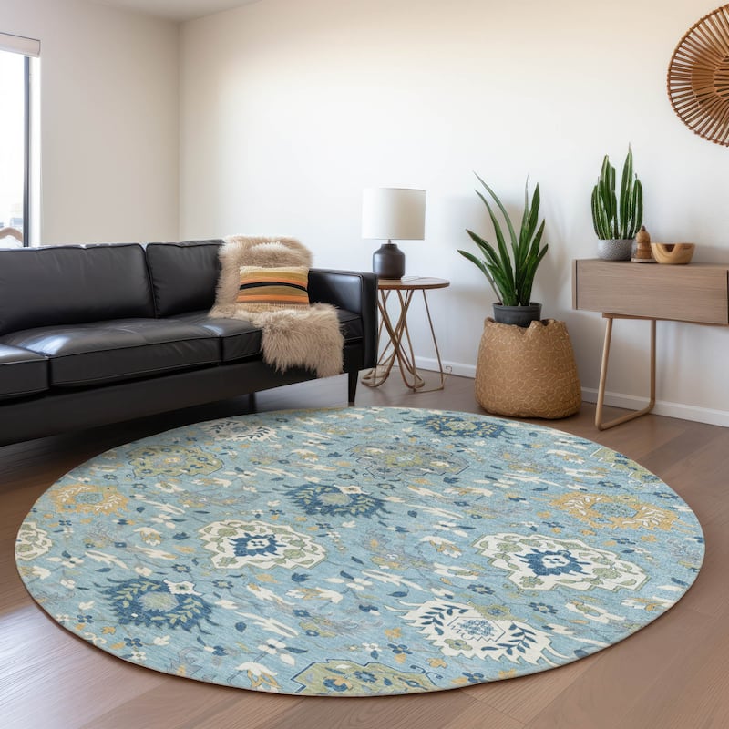 Machine Washable Indoor/ Outdoor Traditional Kashan Chantille Rug - Sky - 8' x 8'