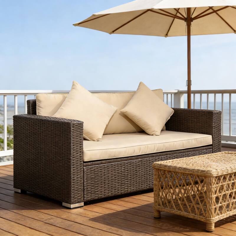 GDFStudio Outdoor Sorrel PE Rattan Outdoor Loveseat with Cushions