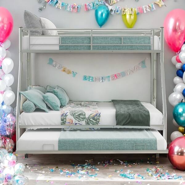 slide 2 of 9, Modern Twin Over Full Multiple Choices Bunk Bed With Sturdy Steel Frame,Twin Size Trundle,Two-Side Ladders Silver