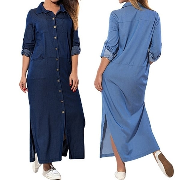 Shop ZANZEA Womens Denim Blue V Neck Long Sleeve Maxi Split Dress Plus ...