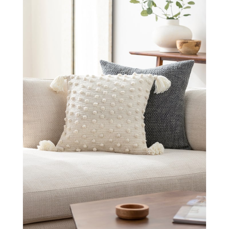 Artistic Weavers Kalae Crochet Pom Throw Pillow with Tassels - 20x20 Poly Insert - Ivory