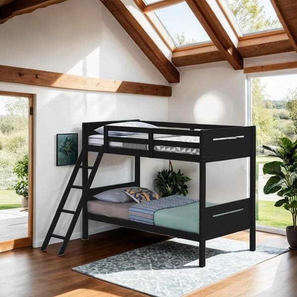 slide 2 of 8, Luxury Twin-over-Twin Bunk Bed with Angled Ladder, Black Black