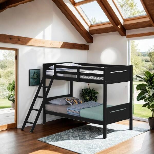 slide 2 of 6, Modern Rubberwood Twin-over-Twin Bunk Bed with Angled Ladder, Guardrails, and Convertible Design, Black Black