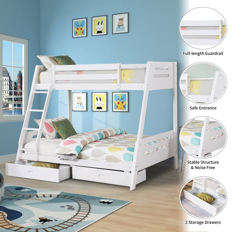 White Twin over Twin/ Full Bunk Bed with Underbed Drawers