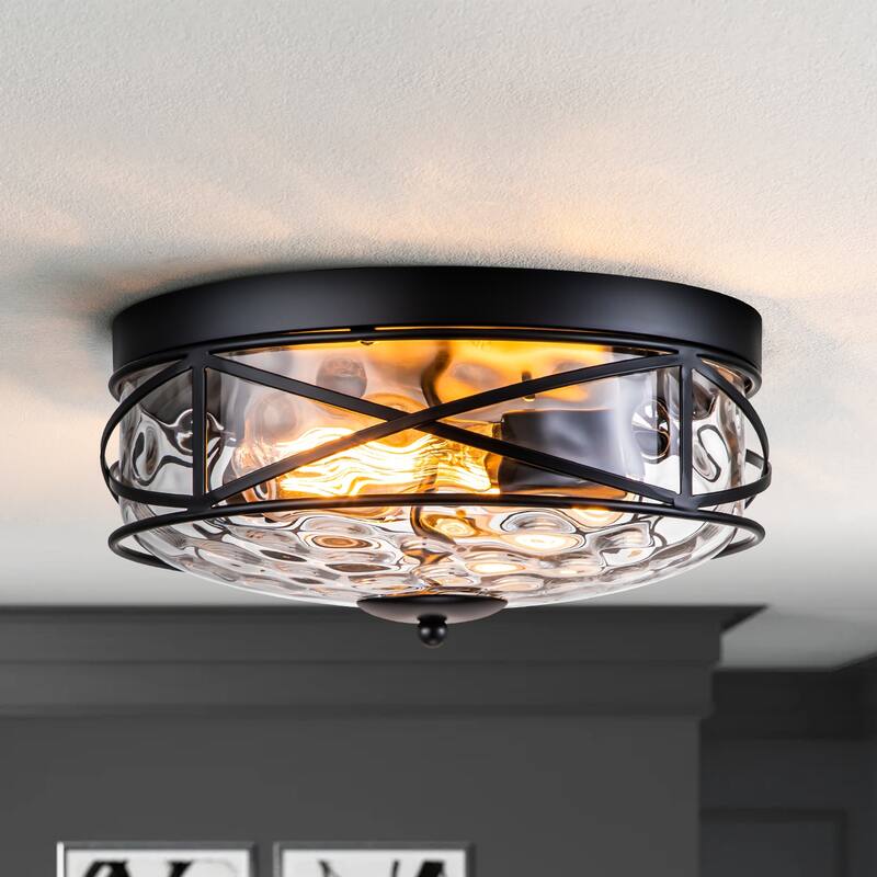 2-Light Mid-Century Modern Vintage Round Dome Water Rippled Clear Glass Cage Flush Mount Ceiling Light - 11.6 in. - Black