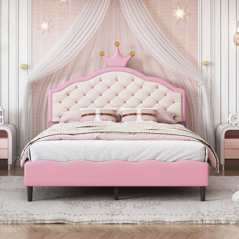 PU Leather Princess Bed with Tufted Headboard - Full