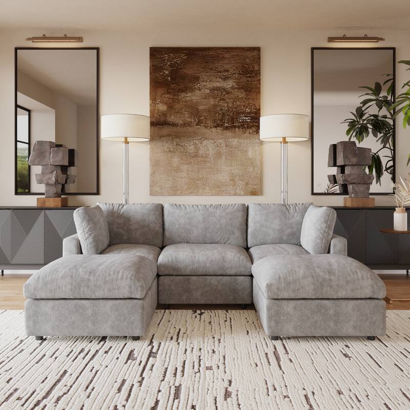 Cloud Couch Modular Sectional Sofa, 134" U Shaped Couch for Livingroom, Oversized Convertible Wide Seater with 2 Ottomans - 3 Seats+2Ottoman Grey