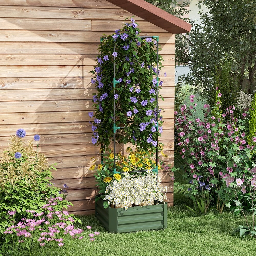 Outsunny Galvanized Raised Garden Bed, 24" x 24" x 11.75" Outdoor Planter Box with Trellis Tomato Cage and Open Bottom