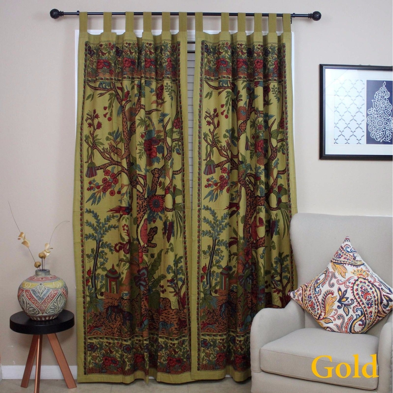 Handmade 100 Cotton Tree Of Life Tab Top Curtain Drape Panel 8 Color Options Black Gold Blue Purple Tan 44 X 88 Inches Overstock 12188117