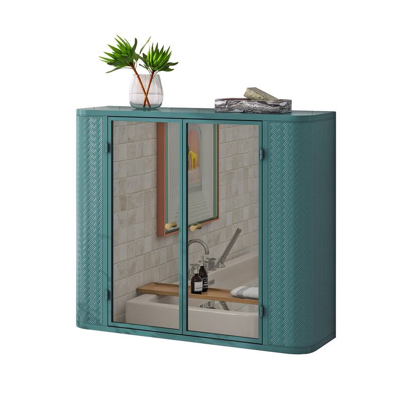 Farmhouse Metal Frame Bathroom Wall Cabinet，Dual Mirrored Doors & Open Shelf，Over-the-Sink or Toilet Storage