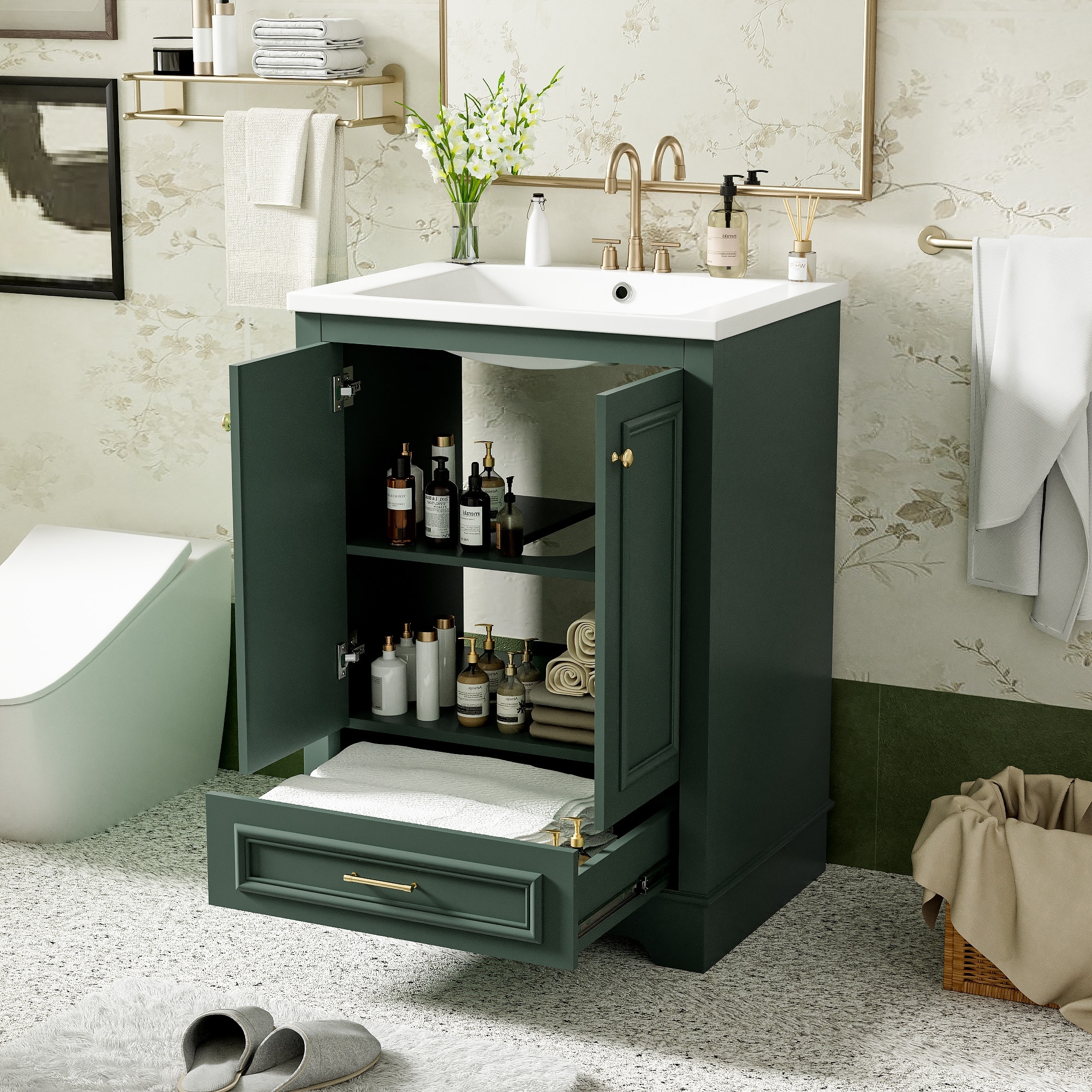 24'' Bathroom Vanity with Ceramic Sink Combo, Modern Freestanding Storage Cabinet with Silver Handles, Soft Closing Doors
