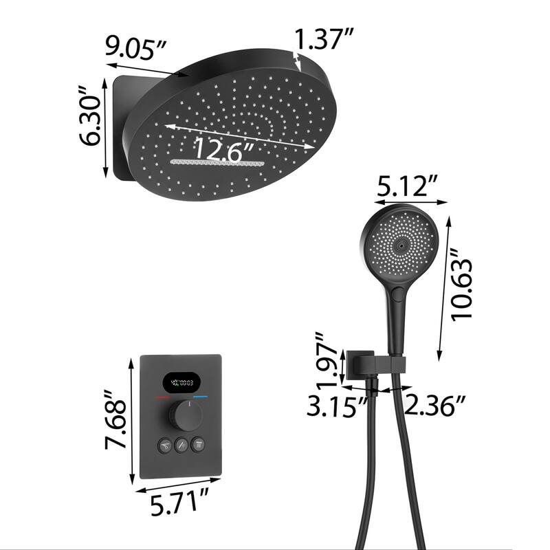 6-Way Wall Mounted 12.6'' Round Showerhead with High-pressure Handheld Showerhead in Black/Gold - Matte Black