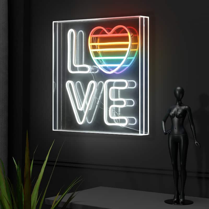 LOVE 15" Square Contemporary Glam Acrylic Box USB Operated LED Neon Light, White/Rainbow by JONATHAN Y