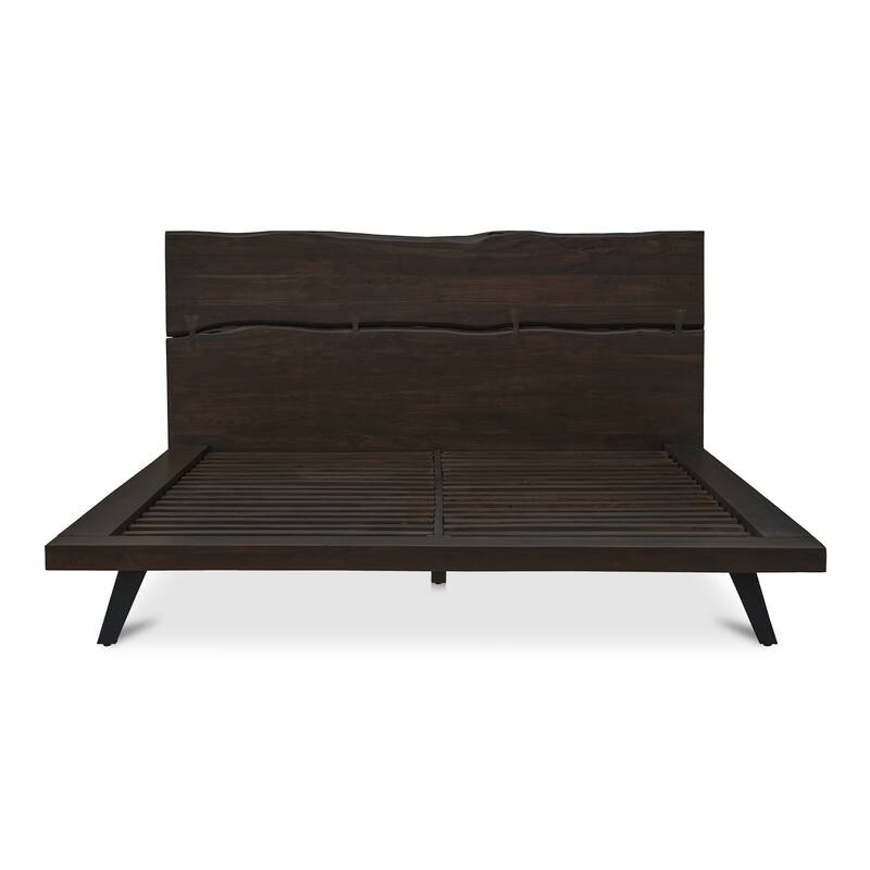 NADAAL STUDIOS Sterling Brown Solid Acacia Queen Platform Bed with Organic Edge Headboard and Steel Legs