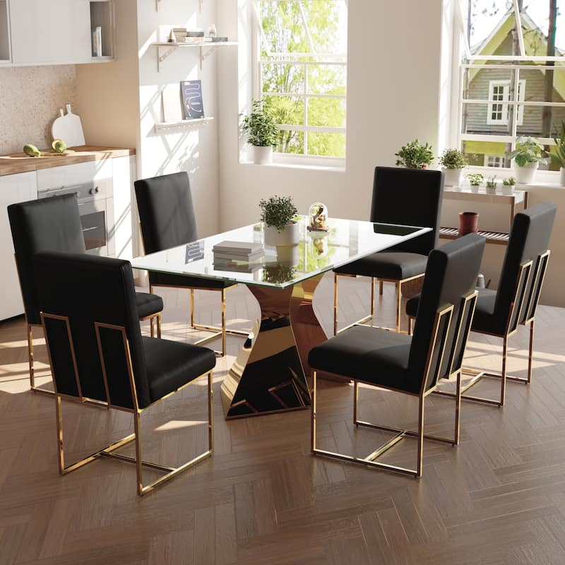Luxury Gold Dining Table Set with 63 inch Glass Dining Table and White Leather Dining Chairs
