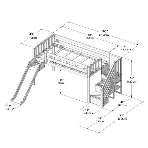 Max & Lily Twin Low Loft Bed with Slide and Staircase
