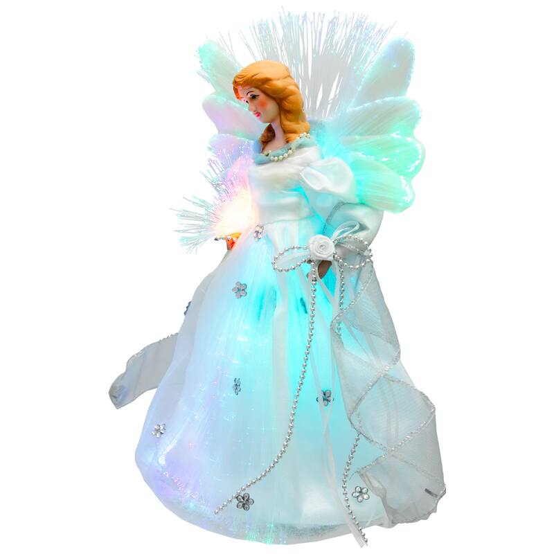 Color-changing Fiber Optic Angel with Rose Christmas Tree Topper - 12" - White