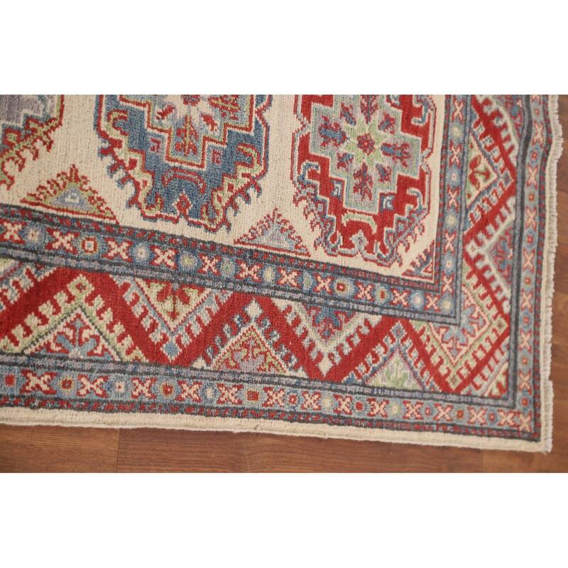 Geometric Kazak Runner Rug Handmade Beige Wool Carpet - 2'7" x 15'6"
