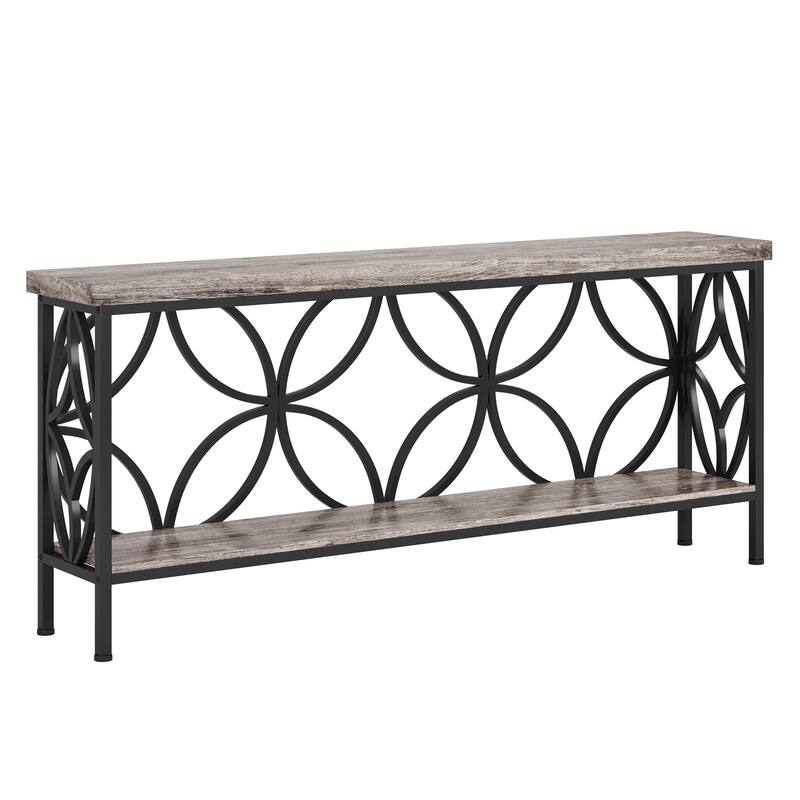 70.9" Extra Long Industrial Console Table, Narrow Sofa Table Behind Couch with Open Storage Shelves, Rustic Entryway Table