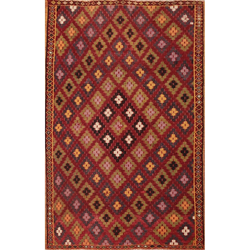 Hand Woven Oriental 100% Wool Carpet Southwestern Tribal Red Kilim Area Rug - 7' 4'' X 5' 5''