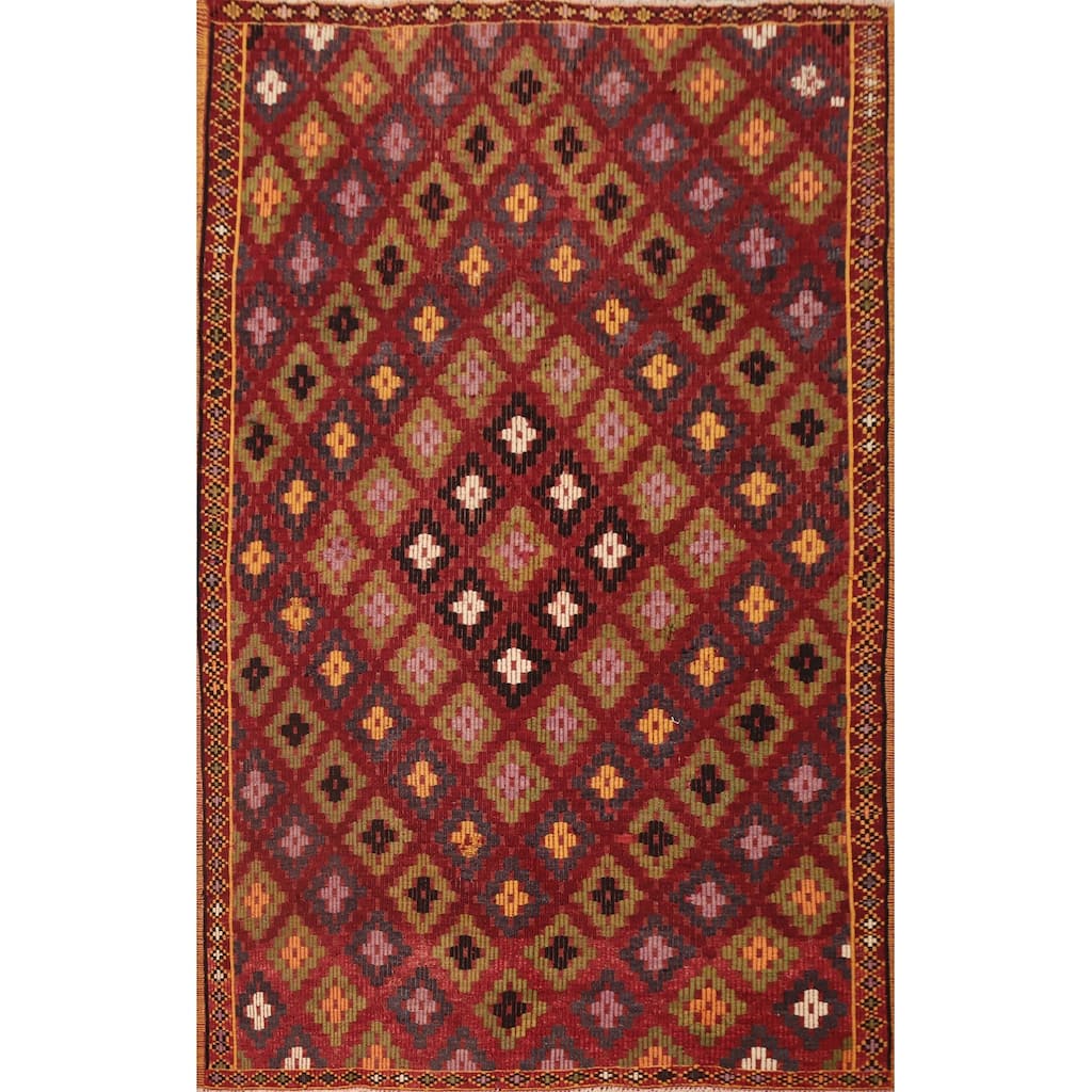 Hand Woven Oriental 100% Wool Carpet Southwestern Tribal Red Kilim Area Rug - 7' 4'' X 5' 5''