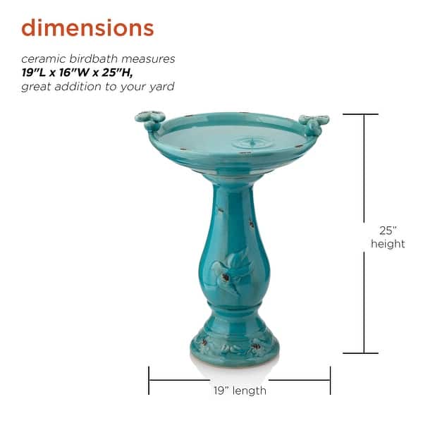 Alpine Corporation 25" Tall Outdoor Ceramic Antique Pedestal Birdbath with 2 Bird Figurines, Garden Bird Bath Bowl, Turquoise