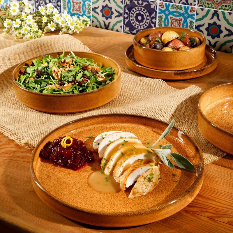 Bloomhouse Santorini Mist 16 Piece Double Bowl Terracotta Reactive Glaze Plates and Bowls Dinnerware Set