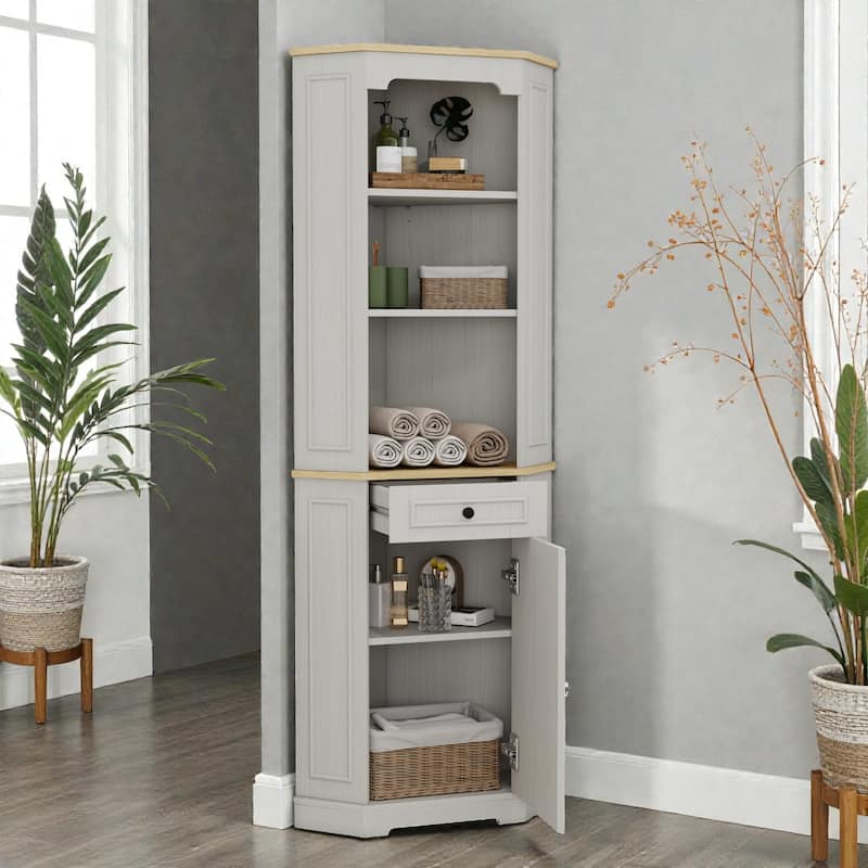 68" Tall Corner Cabinet, Freestanding Corner Storage Cabinet with Door, Drawer & Adjustable Shelf, Farmhouse Space-Saving Hutch