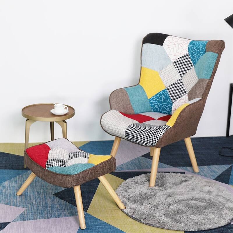 Accent Chair with Ottoman, Living Room Chair and Ottoman Set, Comfy Side Armchair for Bedroom, Creative Splicing Cloth Surface - Multi-Color