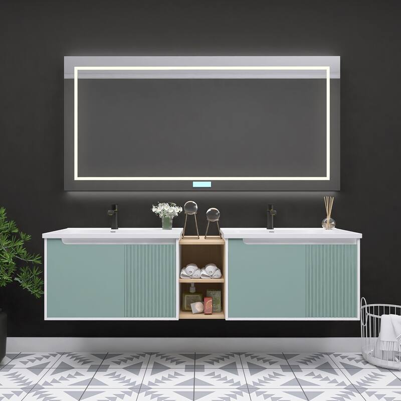 Bathroom Vanity With Sink In 32/36/40/84/76/92 Inch, Floating Bathroom Vanity With Soft Close Door - 75.4''W×19.9''D×20.1''H - Mintgreen