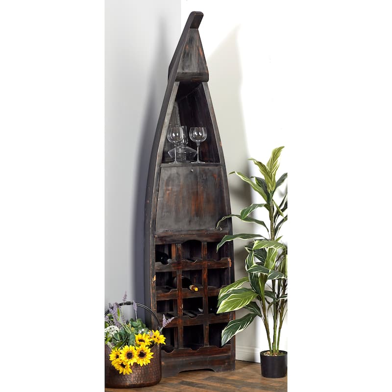 Brown Wood 12 Bottle and 2 Shelf Boat Standing Wine Rack with Foldable Tray - Brown
