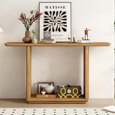 Elegant Minimalist Console Table with Curved Corners,Natural Wood Veneer,U-Base Design for Easy Placement