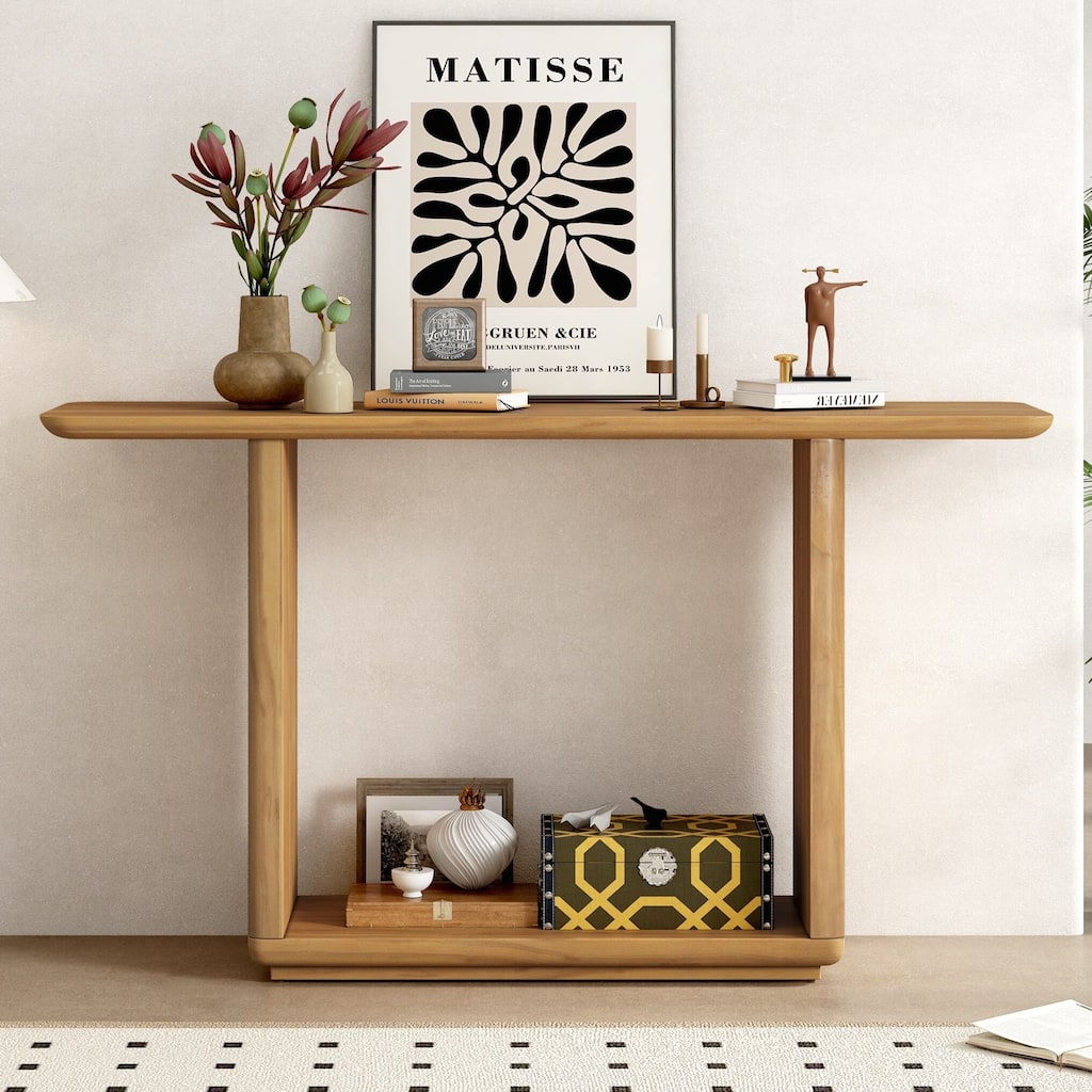 Elegant Minimalist Console Table with Curved Corners,Natural Wood Veneer,U-Base Design for Easy Placement