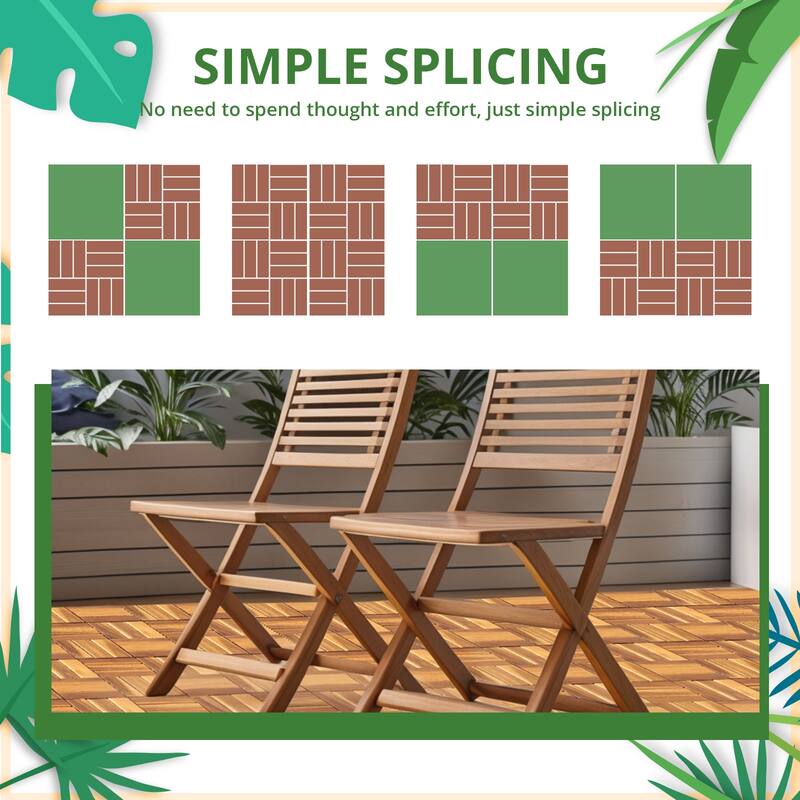 12 x 12 Inch Solid Wood Acacia Interlocking Flooring Tiles, Mosaic Pattern Patio Deck Tiles (Natural Color, 12 Slats)