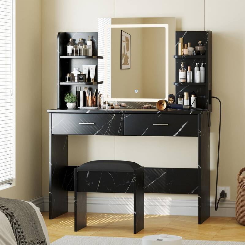 Makeup Vanity Set with Mirror, Stool， Charging Station， 2 Drawers, 6 Shelves - Marble Black