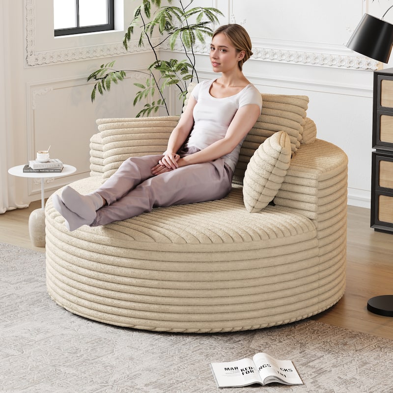 Corduroy Upholstered Single Sofa, Oversized Fluffy Sleeper Chair, Round Reading Chair with Headrest & 2 Pillow
