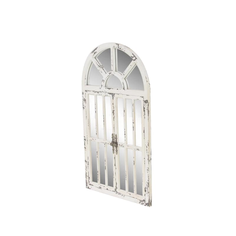 Wood Window Pane Inspired 2 Door Room Wall Mirror with Arched Top and Distressing - White - Roche River Decor