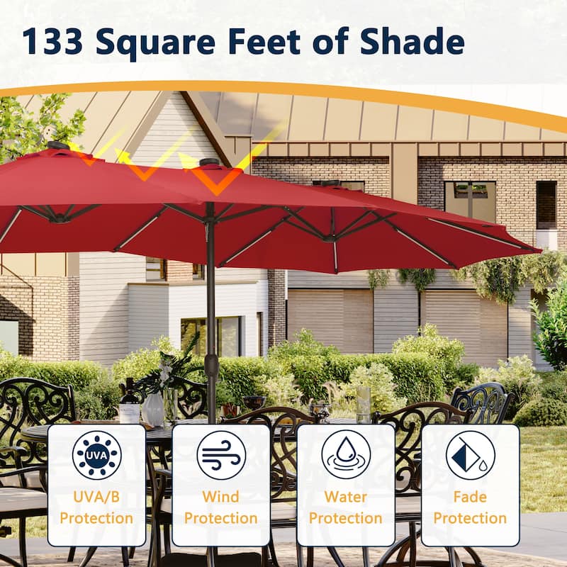 Clihome 15Ft Outdoor Solar Lights Rectangular Crank Market Umbrella, with Base