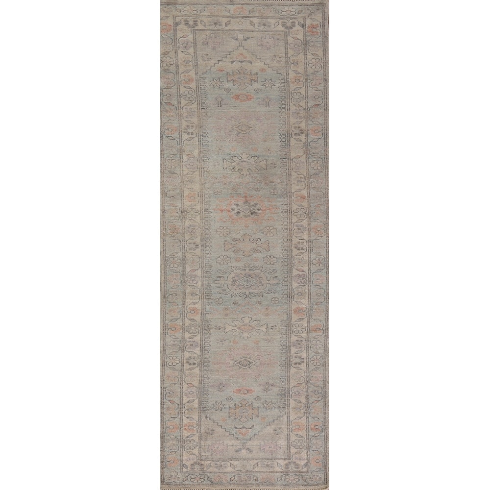 Hand Knotted Oriental 100% Wool Carpet Transitional Geometric Navy Blue & Blues Oushak Runner Rug - 9' 4'' X 2' 4''