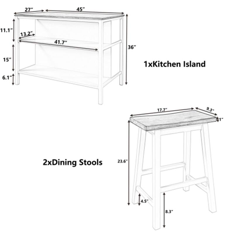 3PCS Wood Stationary Kitchen Island, Dining Prep Table Set with Stools