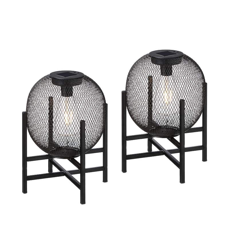Glitzhome 11.5"H Set of 2 Mesh Edison Bulb Outdoor Solar Lantern with Stand