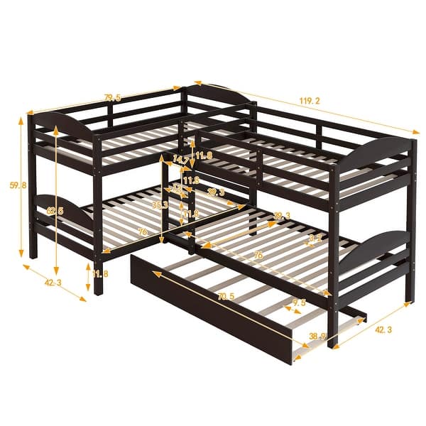 dimension image slide 0 of 3, Twin-over-Twin L-Shaped Bunk Bed with Trundle and Storage
