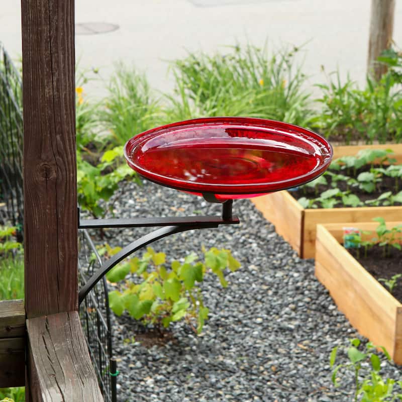 Achla Designs 14"Dia. Round Crackle Glass Birdbath w/Black Wrought Iron Wall Mount Bracket