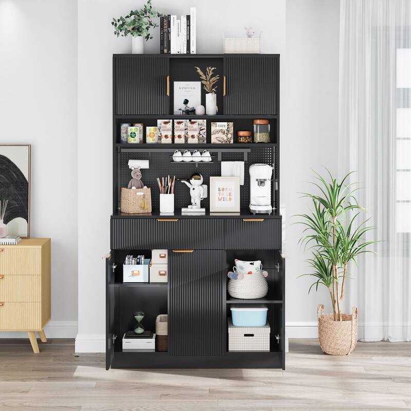 Gymojoy 71" Kitchen Pantry Cabinet with Power Outlets & Pegboard, Freestanding Food Storage Hutch with Microwave Stand