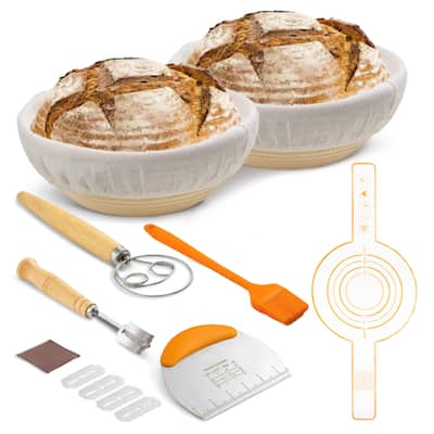 Cheer Collection Complete Set of 2 Round Bread Proofing Basket with Essential Baking Tools - Set of 2